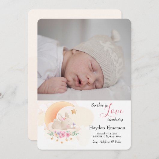 Slapende Bunny Foto geboortedatum Aankondiging (Voorkant / Achterkant)