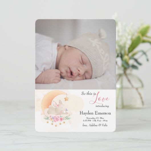 Slapende Bunny Foto geboortedatum Aankondiging (Staand voorkant)