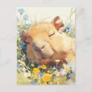 Slapende Capibara in Weide met Wilde Bloemen Briefkaart