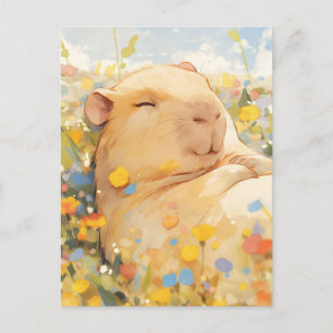 Slapende Capibara in Zonnige Bloemenweide Briefkaart