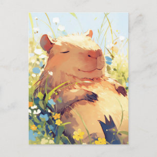 Slapende Capibara in Zonnige Bloemenweide Zomerwei Briefkaart