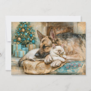 Slapende Duitse Herdershond Witte Kittens Kerstmis Feestdagenkaart