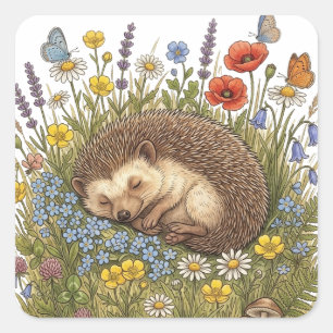 Slapende Egel in Wilde Bloemenweide Esthetiek Vierkante Sticker