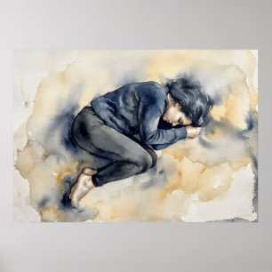 Slapende figuur blauw aquarel poster