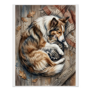 Slapende Hond En Kat Knuffelen Knus Houten Achterg Perfect Poster