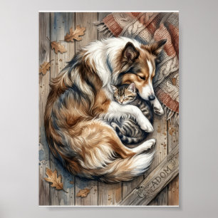 Slapende Hond En Kat Knuffelen Knus Houten Achterg Poster