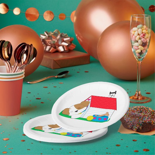 Slapende hond in een hondenhuis papieren bordje