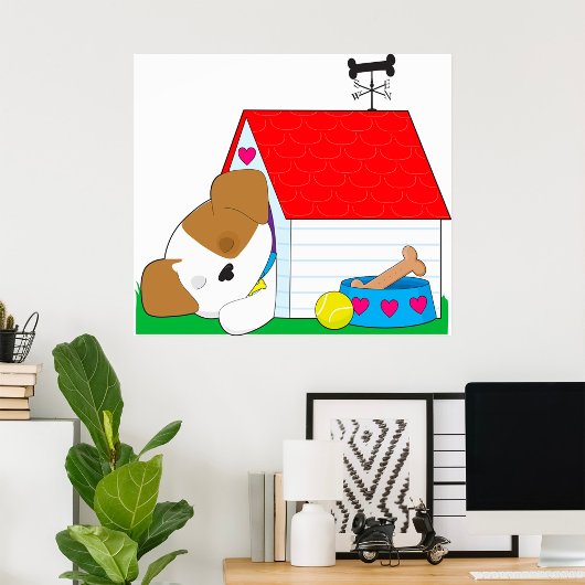 Slapende hond in een hondenhuis poster