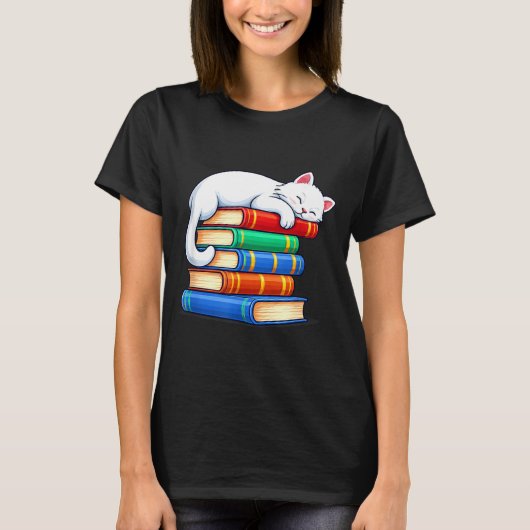 Slapende kat en boeken schattig grappig gezellig b t-shirt (Voorkant)