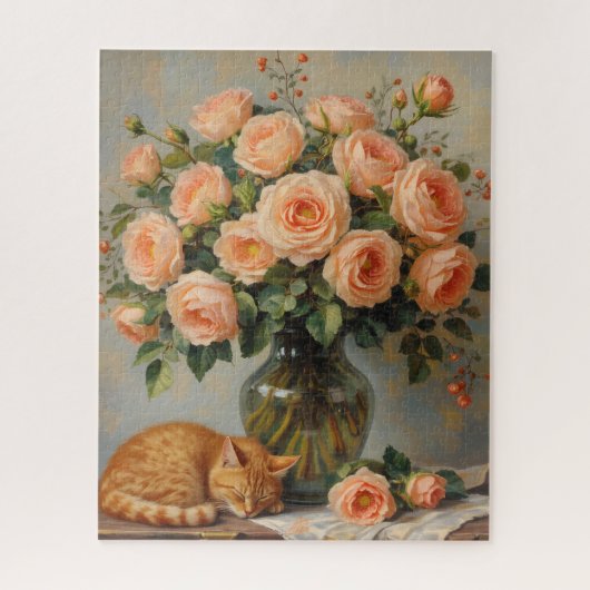 Slapende Kat en Rozen Legpuzzel (Verticaal)