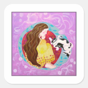 Slapende kat en slapende dame. vierkante sticker