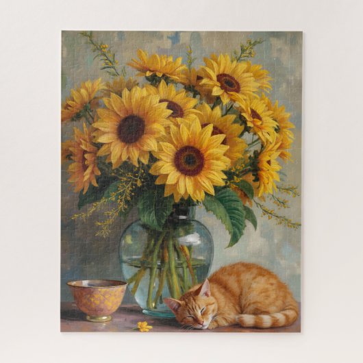 Slapende Kat en Zonnebloemen Legpuzzel (Verticaal)