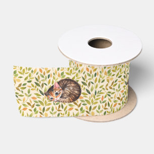 Slapende kat, florale achtergrond satijnen lint