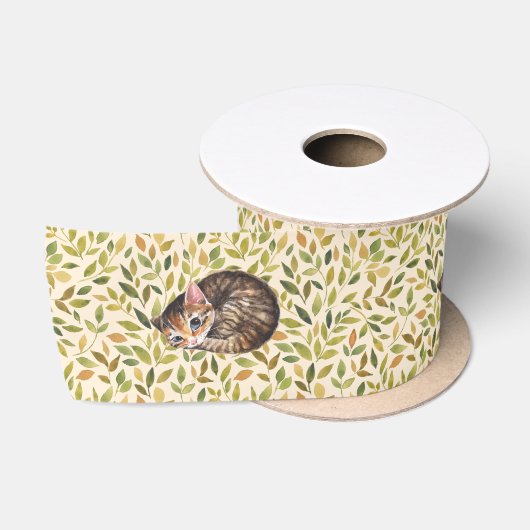Slapende kat, florale achtergrond satijnen lint (Spoel)