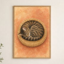Slapende Kat Krul Waterverf Whimsical Kunst Poster