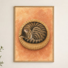 Slapende Kat Krul Waterverf Whimsical Kunst Poster