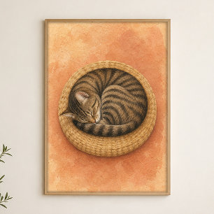 Slapende Kat Krul Waterverf Whimsical Kunst Poster