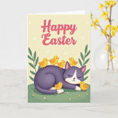 Slapende Kat Lente Kaart (Gele Bloem)