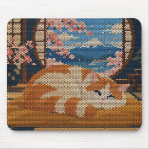 Slapende Kat Mount Fuji Kersenbloesem Pixel Art Muismat