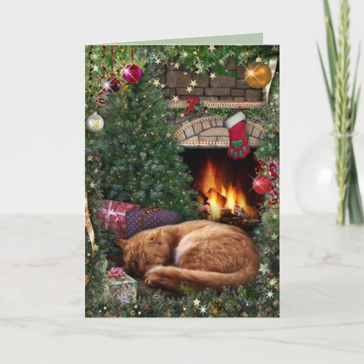 Slapende kat naast de Fireplace op kerst Feestdagen Kaart (Voorkant)