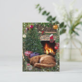 Slapende kat naast de Fireplace op kerst Feestdagenkaart (Staand voorkant)
