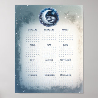 Slapende Kat op de Maan 2026 Kalender Droomachtig Poster