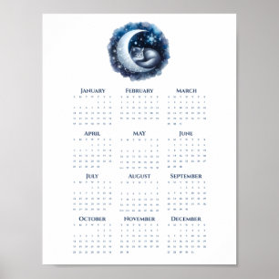 Slapende Kat op de Maan 2026 Kalender Minimalistis Poster