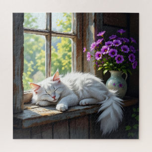 Slapende kat op de vensterbank   Paarse Bloemen Legpuzzel