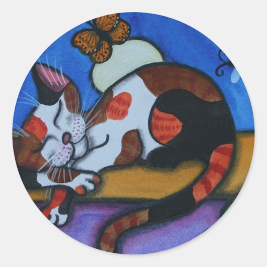 Slapende Kat Vlinders en Dragonflies Ronde Sticker (Voorkant)
