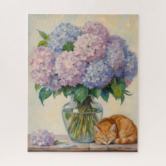 Slapende kater en hortensia's legpuzzel (Verticaal)