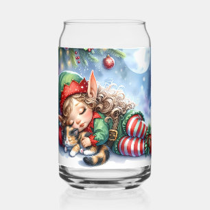 Slapende Kerstelf met Calico Kitten Blikvorm Glas