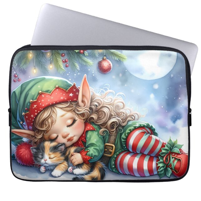 Slapende Kerstelf met Calico Kitten Laptop Sleeve (Voorkant)