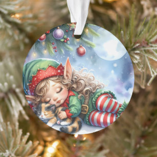 Slapende Kerstelf met Calico Kitten Ornament