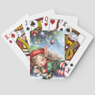 Slapende Kerstelf met Calico Kitten Pokerkaarten