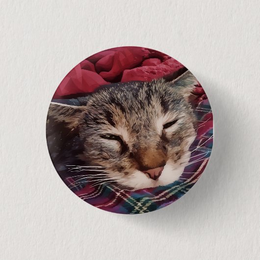 Slapende kerstkat tabby geruite flanel rood ronde button 3,2 cm (Voorkant)