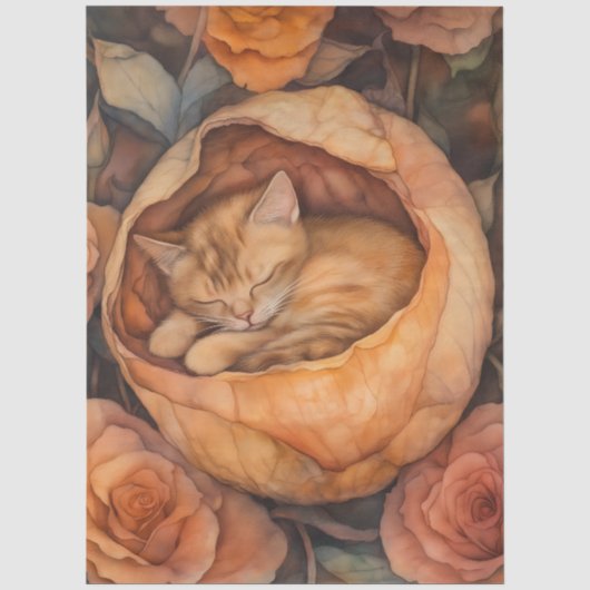 Slapende Kitten in Roos Waterverf Bloem Tissuepapier (Voorkant)