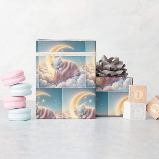 Slapende kitten op een maansikkel cadeaupapier (Baby Shower)