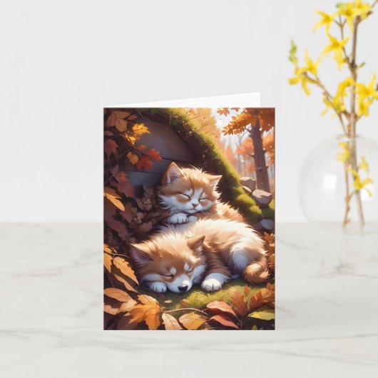 Slapende Kitten Puppy Herfst Blanke Groet Kaart (Gele Bloem)