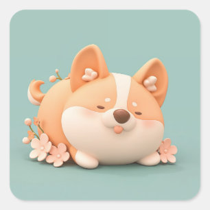 Slapende Klei Corgi met Roze Bloesem Vierkante Sticker