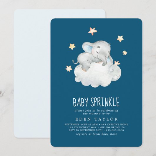 Slapende kleine olifant | Navy Baby Sprinkle Kaart (Voorkant / Achterkant)