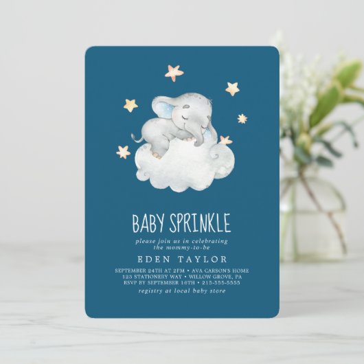 Slapende kleine olifant | Navy Baby Sprinkle Kaart (Staand voorkant)
