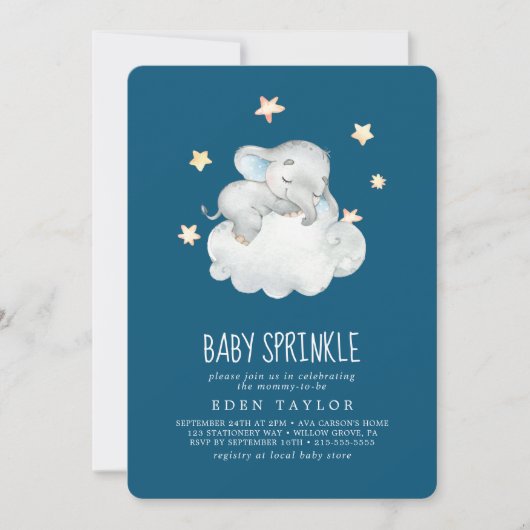 Slapende kleine olifant | Navy Baby Sprinkle Kaart (Voorkant)