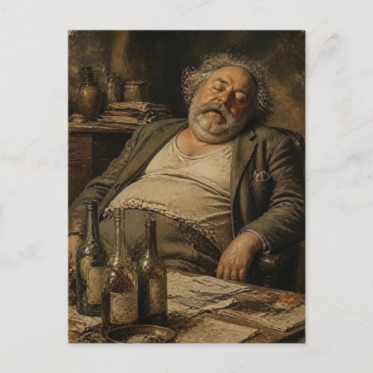 Slapende man en wijnflessen briefkaart (Voorkant)