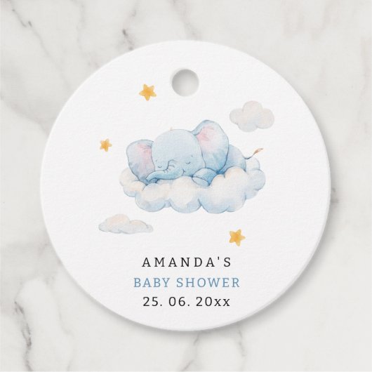 Slapende olifant Baby shower, Boy Baby shower Bedankjes Labels (Voorkant)
