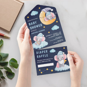 Slapende Olifant op Maan Marineblauwe Baby Shower All In One Uitnodiging