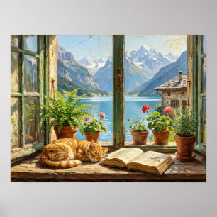 Slapende oranje kat op Alpen vensterbank Poster