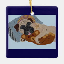 Slapende Pug met Teddybeer Keramisch Ornament