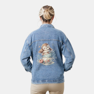 Slapende Uil in Gestapelde Bloemige Theekopjes Denim Jacket