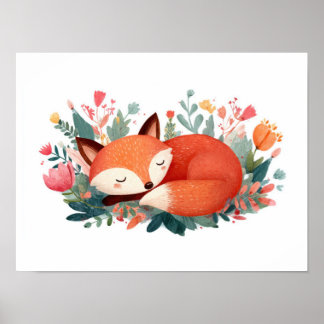 Slapende Vos Bloem Illustratie Poster