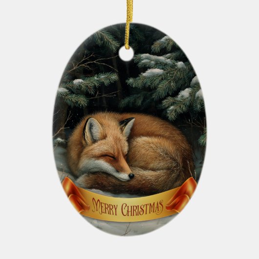 Slapende Vos in Winterbos Keramisch Ornament (Voorkant)
